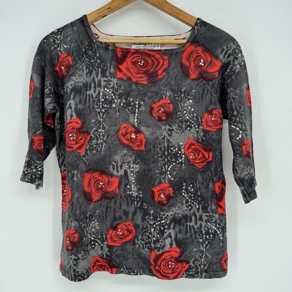 Joseph A‎ Floral Sequin Top Women's Large Silk Blend Whimsigoth 3/4 Sleeve